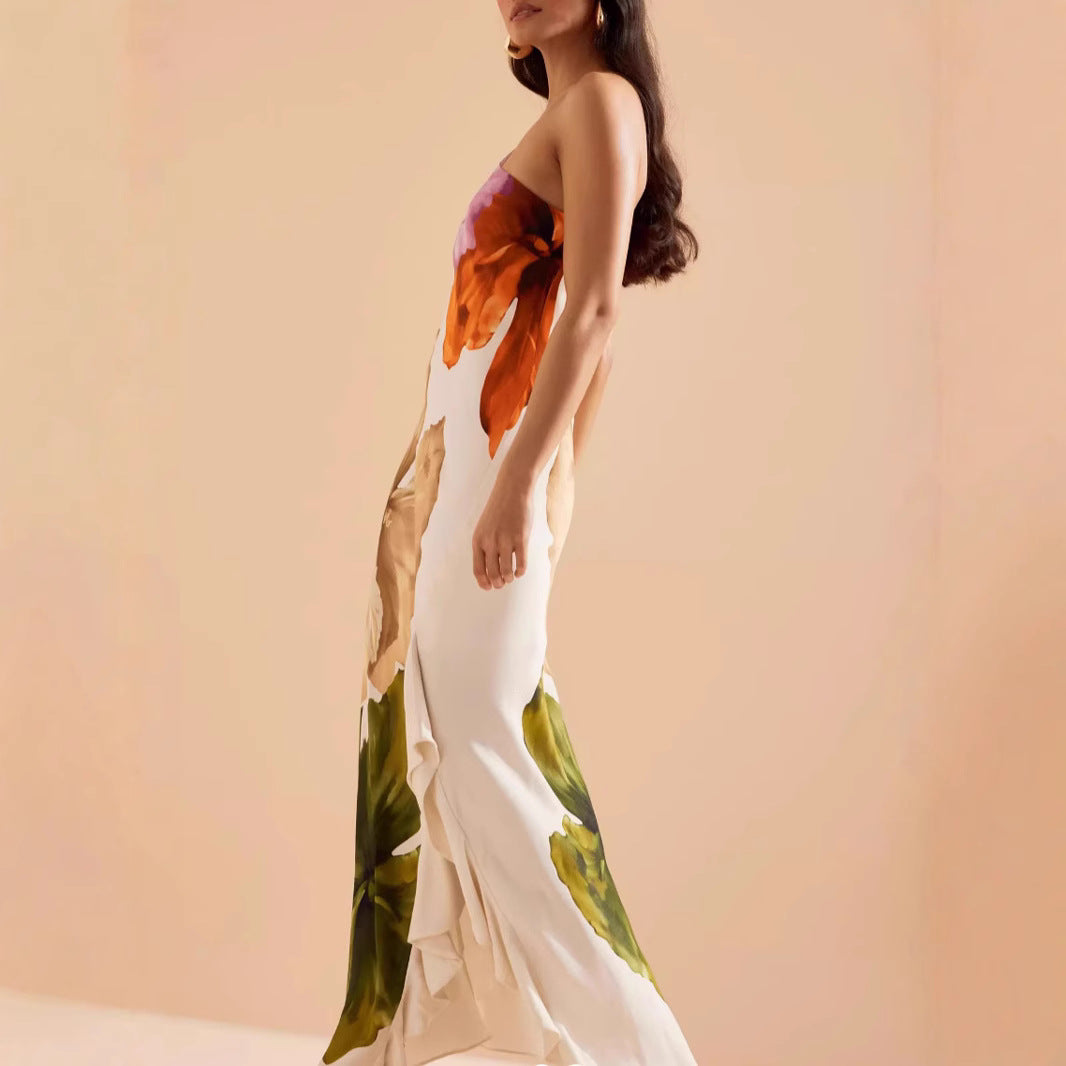 Dame Maxikjole med asymmetrisk snit og blomstermotiver Stiila