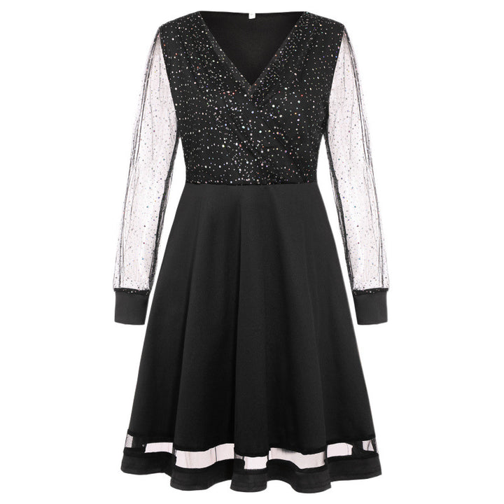 Dame elegant glitrende mini-kjole med gennemsigtige lange ærmer Stilla