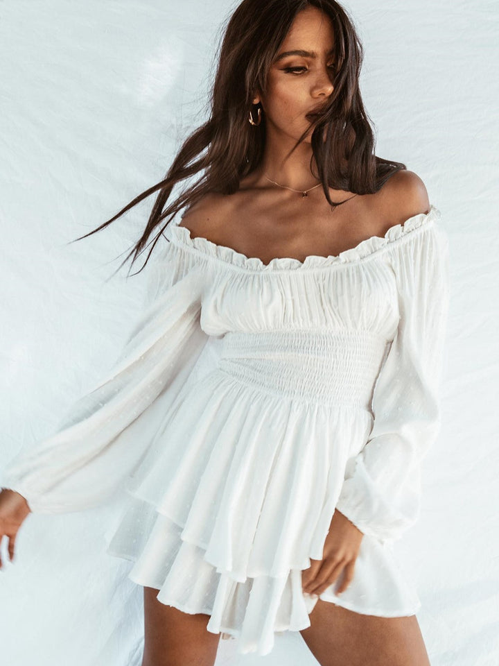 Dame Off-Shoulder Minikjole med Rynker og ballonformede ærmer Stilla