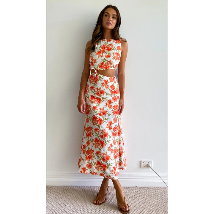 Women's two-piece set made of floral fabric with high slit and fitted top Skovae