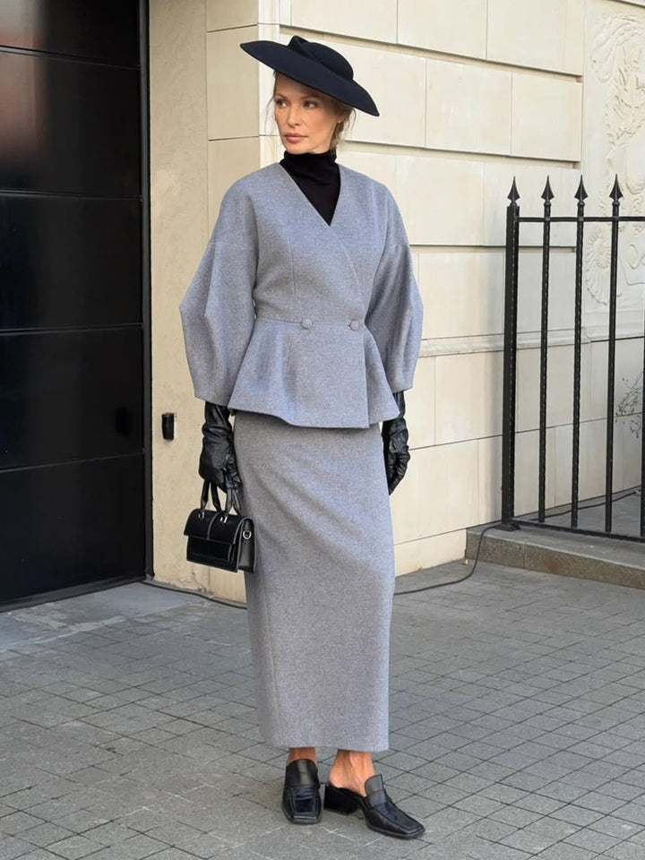Dame Elegant Blyantkjole med Chic Blazer Top og Puffærmer Skovae