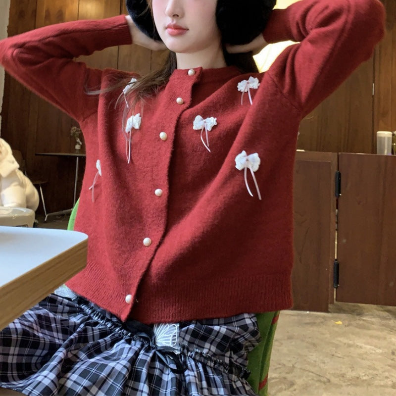 Kvinders Kawaii Cardigan med dekorative sløjfer og perler Stilla