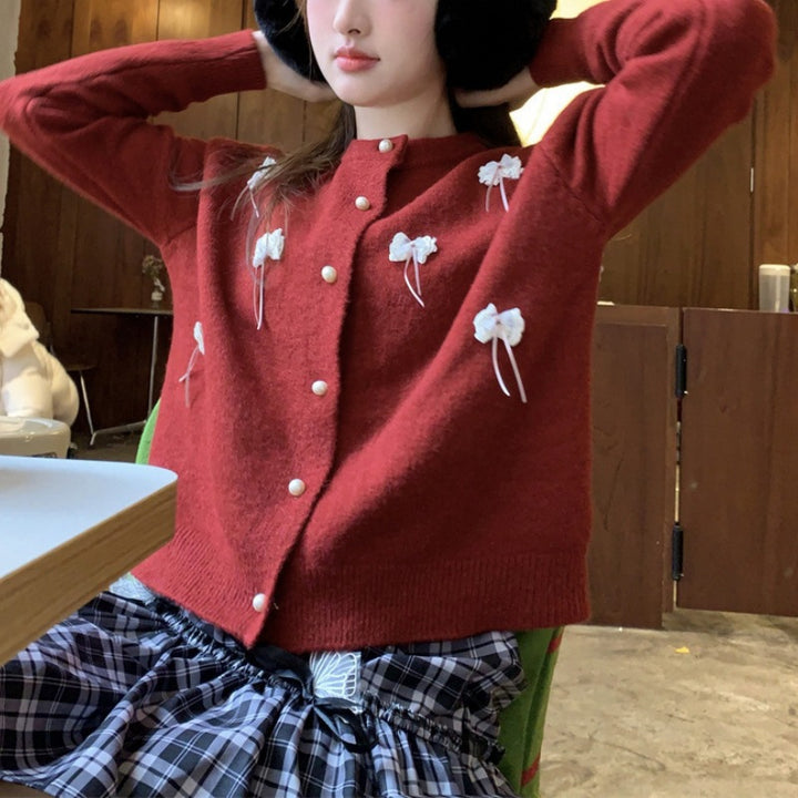 Kvinders Kawaii Cardigan med dekorative sløjfer og perler Stilla