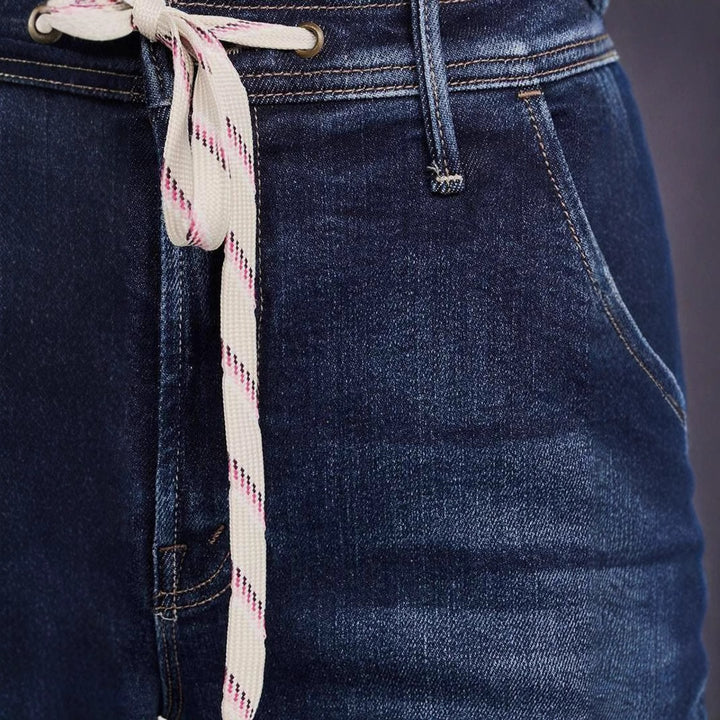 Dame brede jeans med mode snor og elastisk bånd