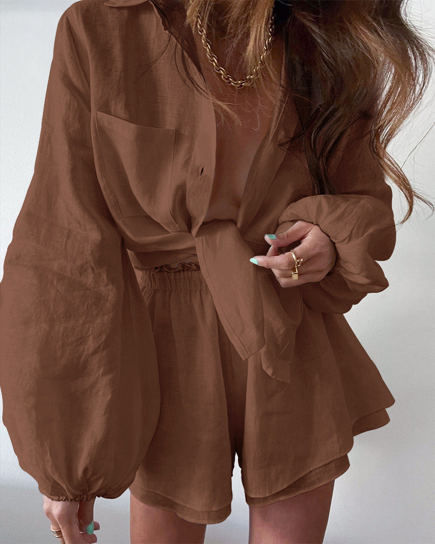 Dame løs linned shorts sæt med oversized skjorte og elastisk talje Stilla
