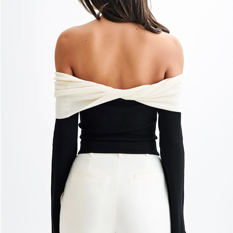 Dame Off-Shoulder Overdel med Kontrastærmer Stilla