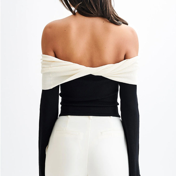 Dame Off-Shoulder Overdel med Kontrastærmer Stilla