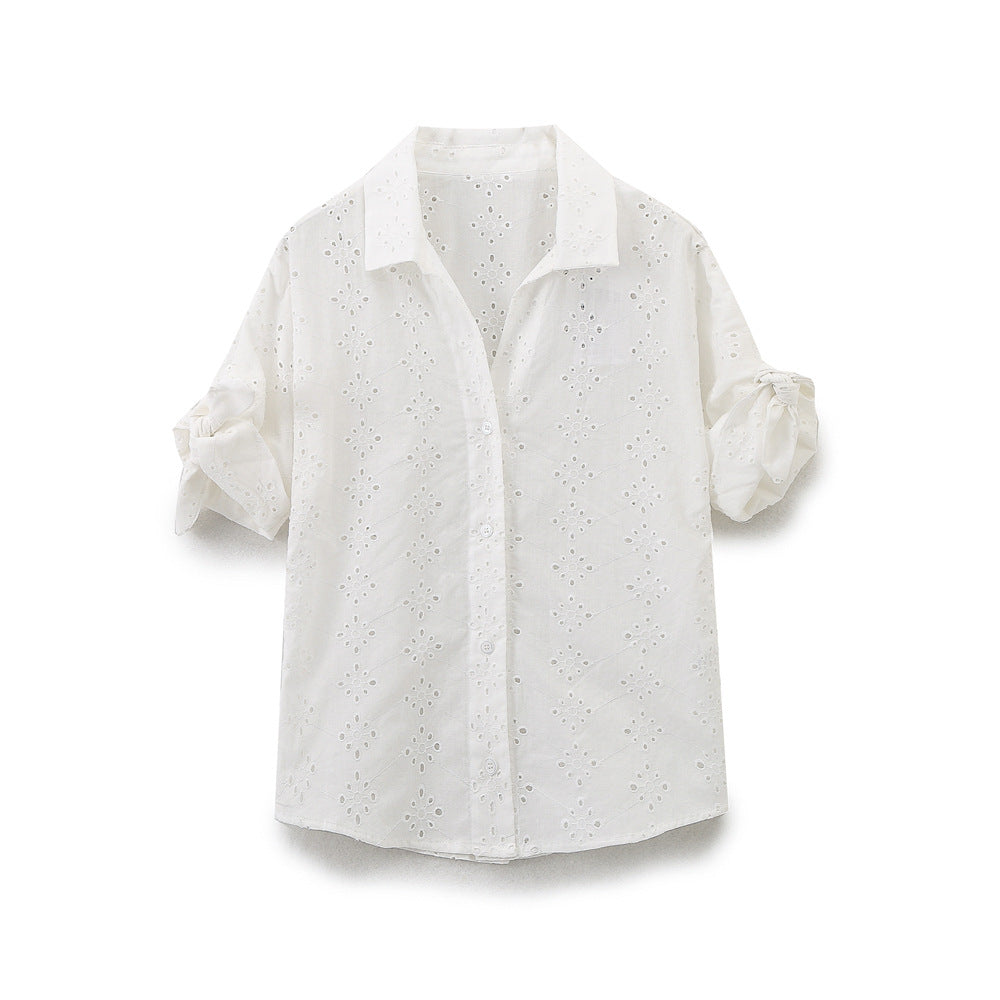 Femme Eyelet Detalje Knap-Op Bluse Stilla