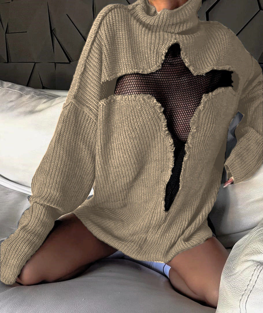 Dame Oversized Strikpullover med spændende Mesh-indsats og ukonventionelt design Stilla