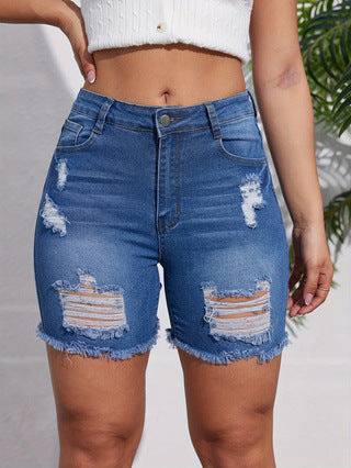 Dame trendede Denim Shorts med afslappet snit og mode ødelagte detaljer Stilla