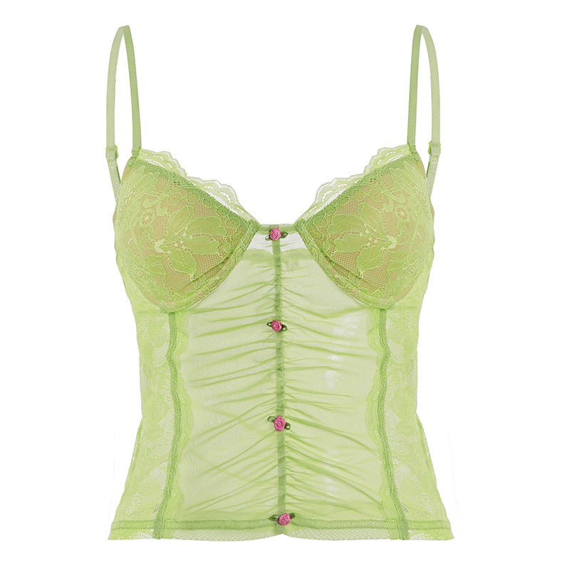 Dame spitze camisole med smuk rynkning og knap-lignende accenter Skovae