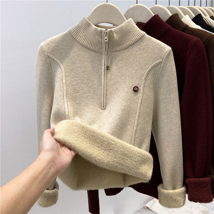 Kvinders strikket pullover med opretstående krave og lynlås Stilla