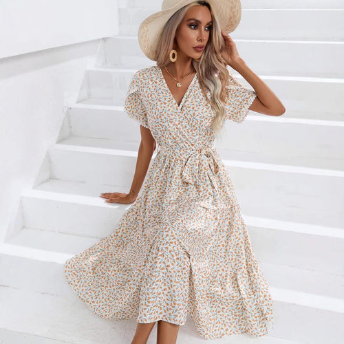 Dame Maxikjole med blomstret design og elastisk talje Stilla