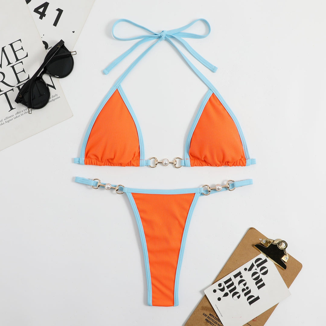 Dame Ribbed Trekant Bikini Sæt med justerbare bånd og dekorative accenter Stilla