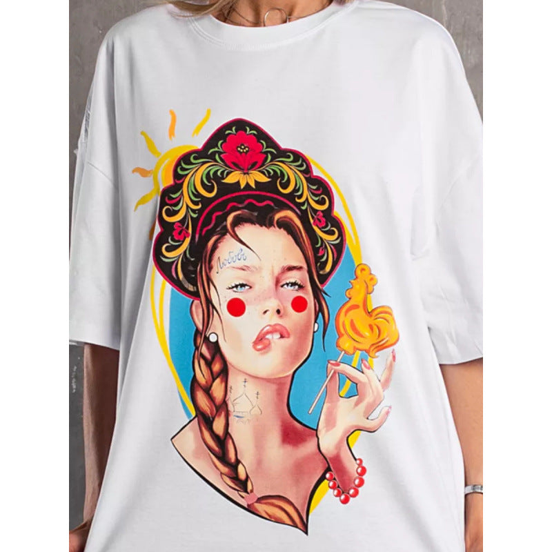 Dame T-shirt med kunstnerisk tryk og afslappet oversized skæring Stilla