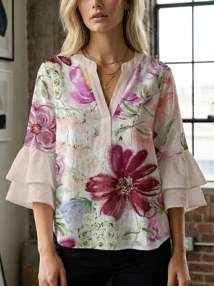 Dame skjorte med voluminøse ærmer og blomsterdesign Skovae