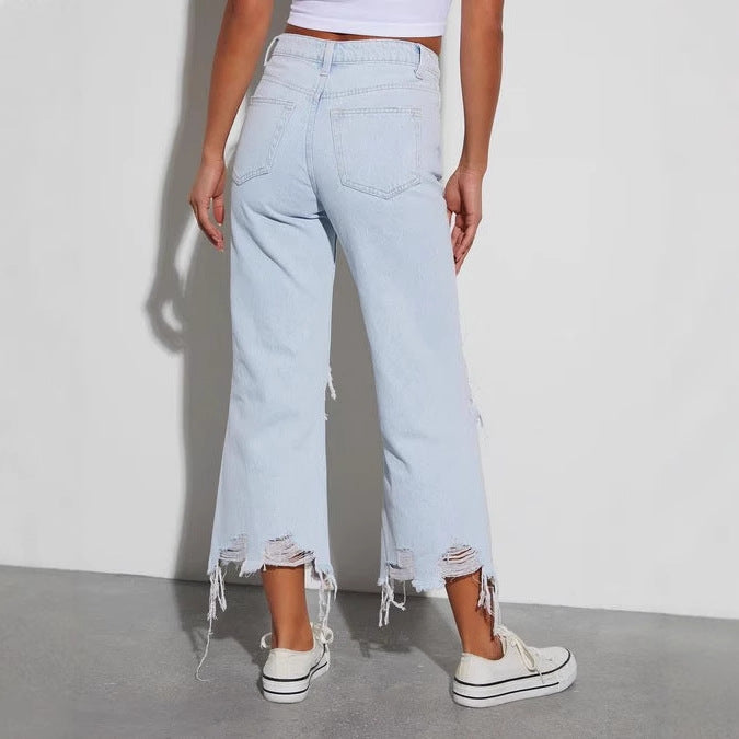 Dame Mom Jeans med frynset kant og ribbet detaljer Stilla