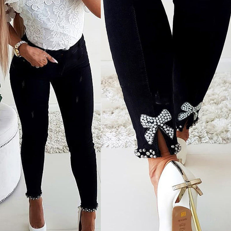 Dame Slim Fit Jeans med højt skåret talje og frynset kant Stilla