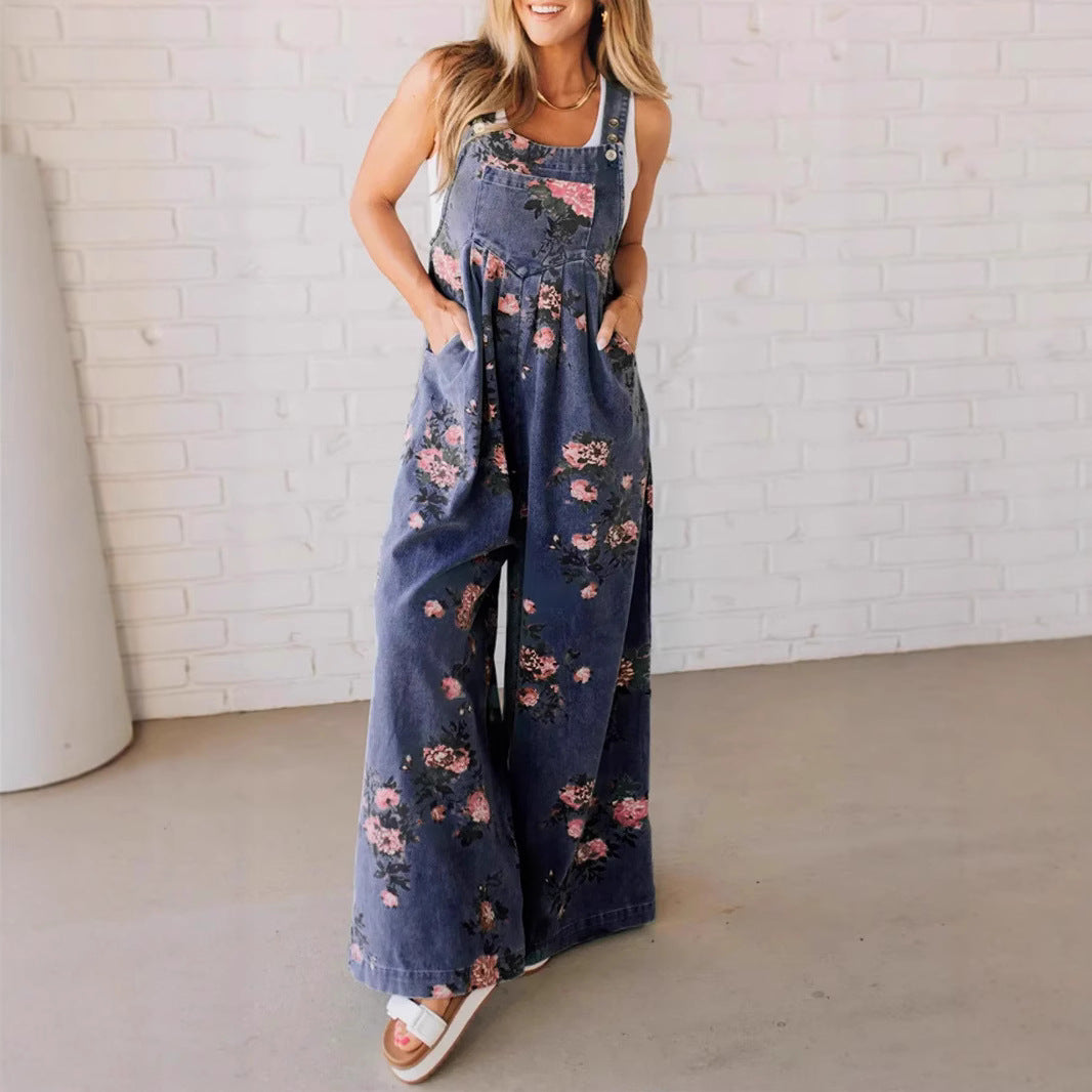Dame Jeans-Overall med blomstret design og bred ben Stilla