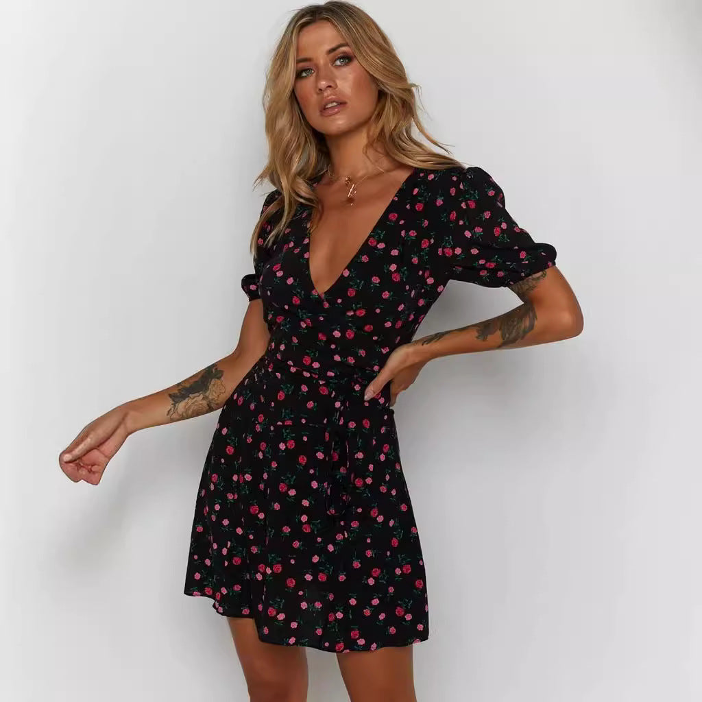 Dame Blomster Wrap Mini Kjole med Puffærmer Stilla