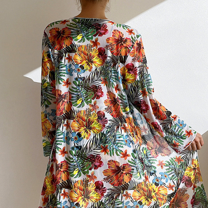Dame bikiniset med blomster kimono og bindebånd Stilla