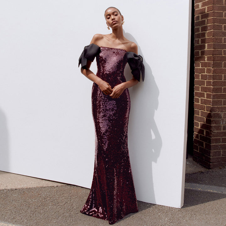 Dame Elegant Paillet-Maxikjole med off-shoulder design og dekorative sløjfer Skovae