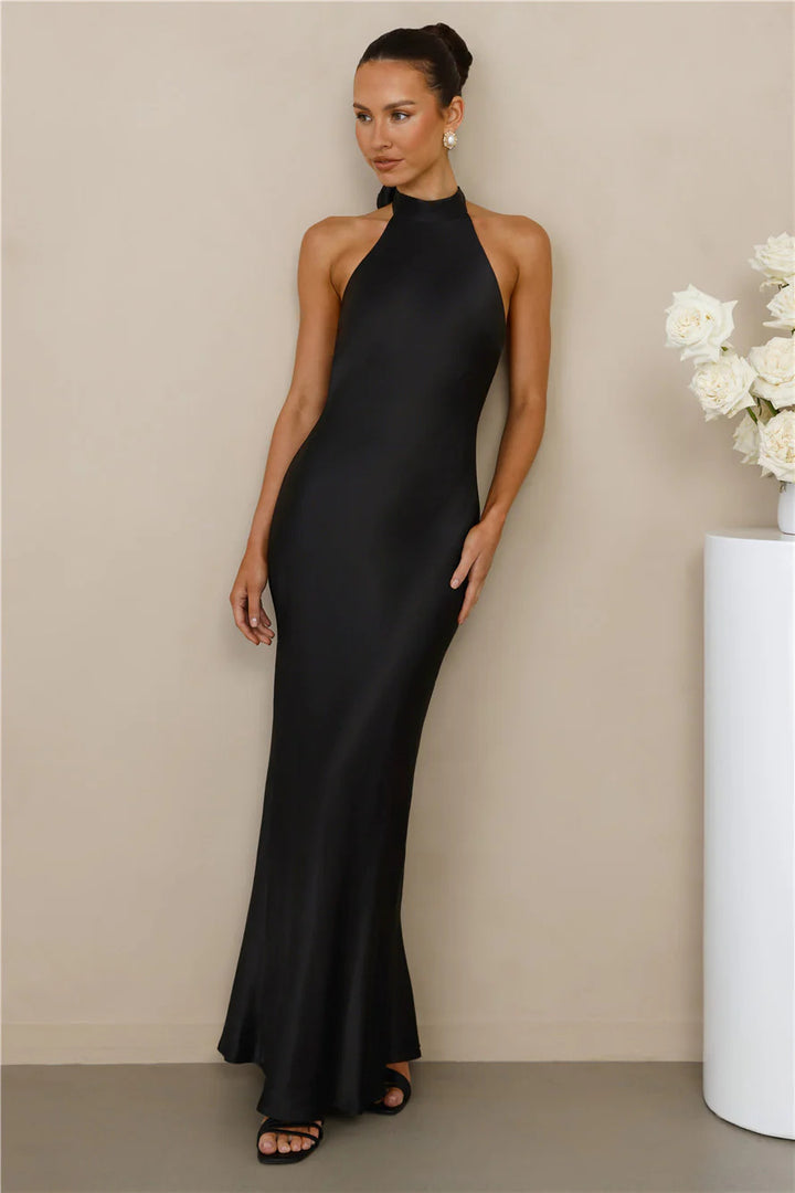 Damer Elegant Satin Maxi Kjole med Høj Krave og Tætsiddende Pasform Skovae
