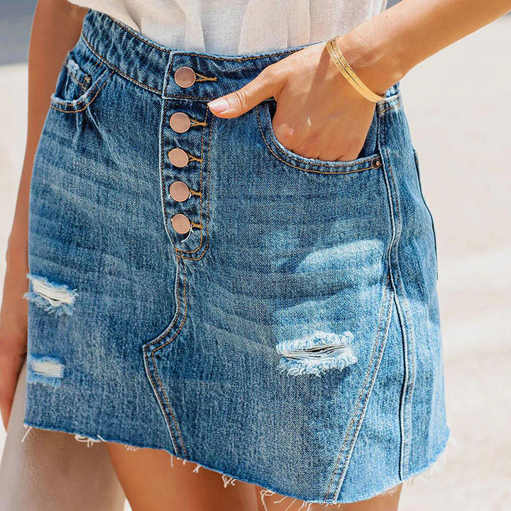 Dame denim nederdel med knaplukning og stilfulde destroyed-effekter Stilla