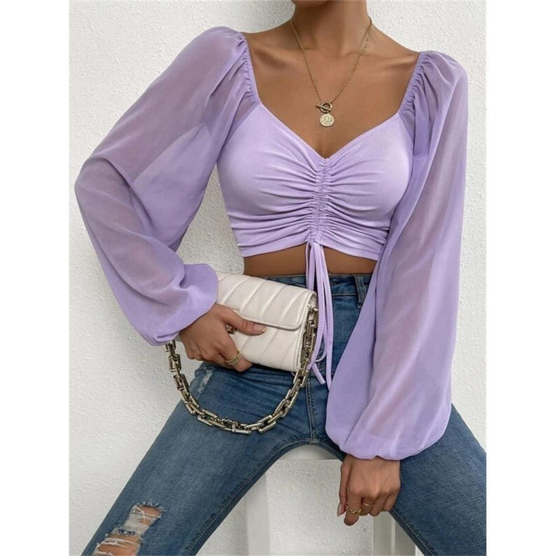 Dame Elegant Crop-top med puffede ærmer og snøremuligheder Stilla