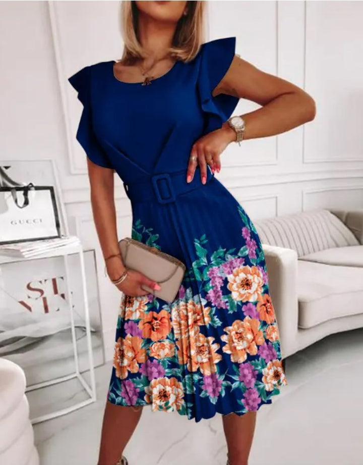 Dame blomsterprint midi kjole med flæser ærmer Stilla