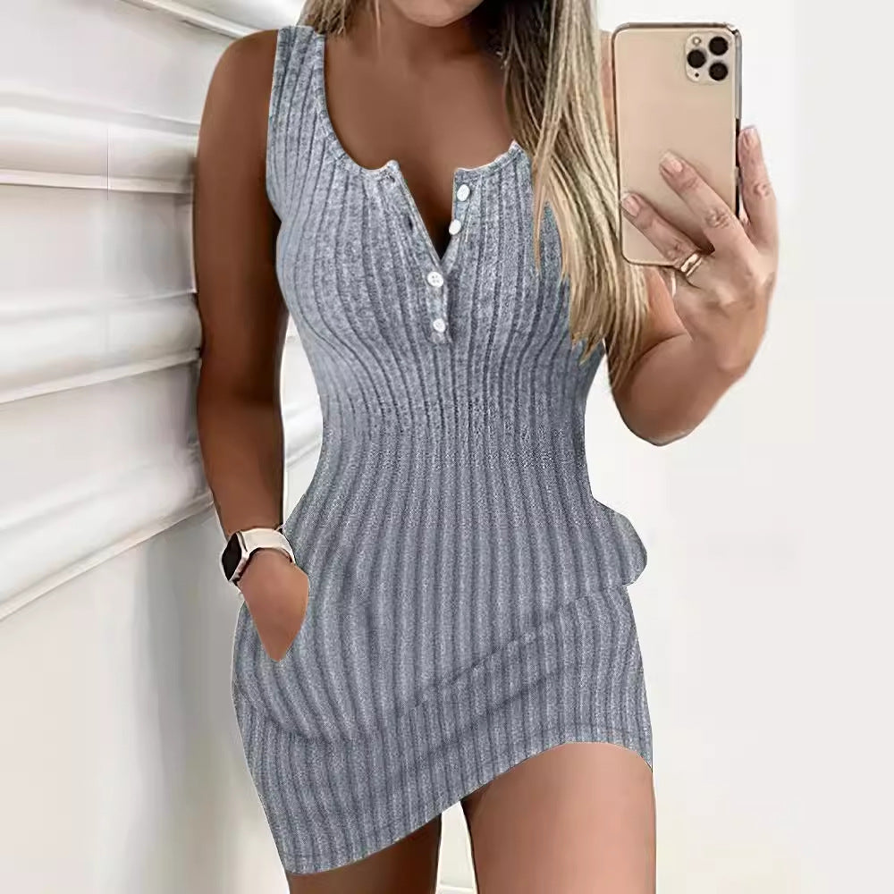Dame Figurformet Strikkjole med Knapliste og Lommer Stilla