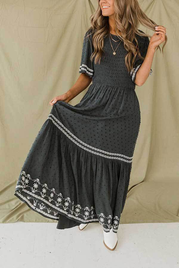 Stilla | Dot Flares Ærme Smocked Maxi Kjole
