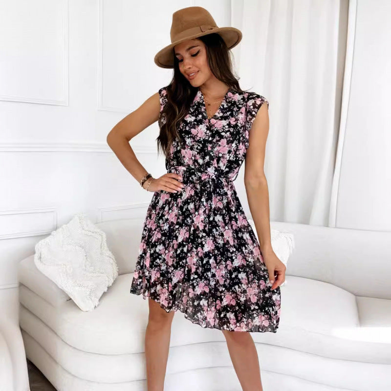 Dame Floral Print Wrap Kjole med Bælte Stilla