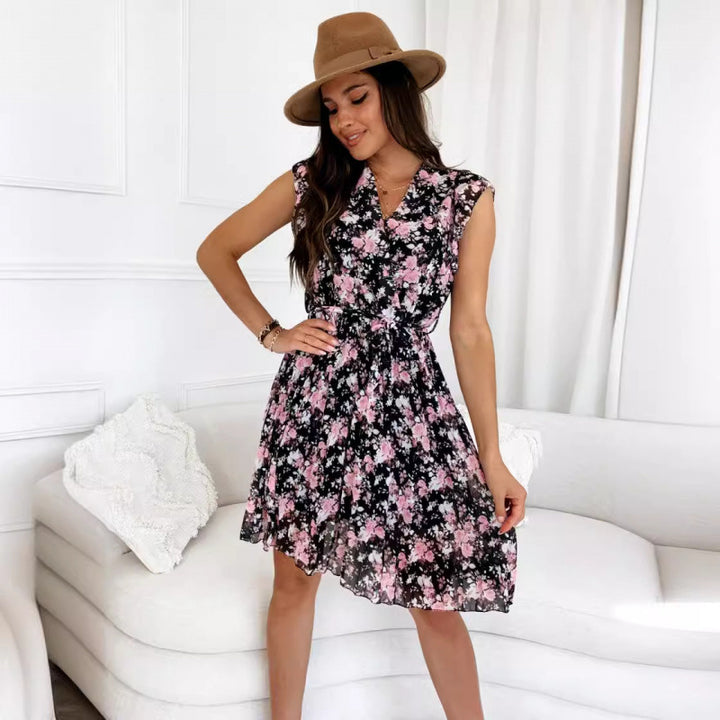 Dame Floral Print Wrap Kjole med Bælte Stilla