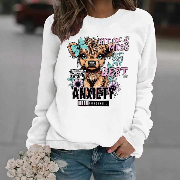 Kvinders sweatshirt med kreativ hundedesign og inspirerende skrift Stilla