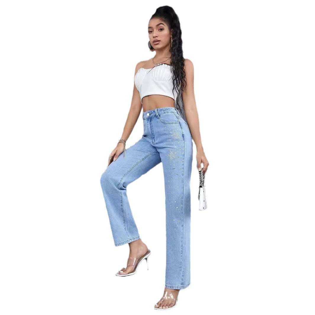 Dame fashionable High-Waist jeans med glitrende strassdetaljer Stilla