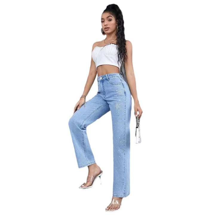 Dame fashionable High-Waist jeans med glitrende strassdetaljer Stilla