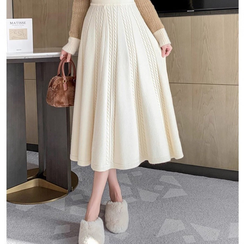Damer Elegant Midi Nederdel med Kabel Strik Mønster og Bred Snit Stilla