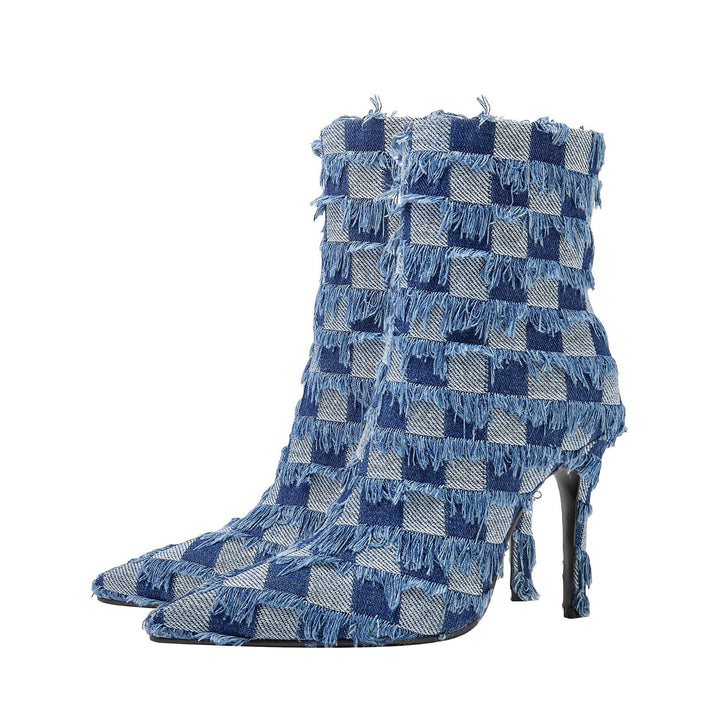 Dame High-Top Stiletto Booties med struktureret Denim-design Stilla
