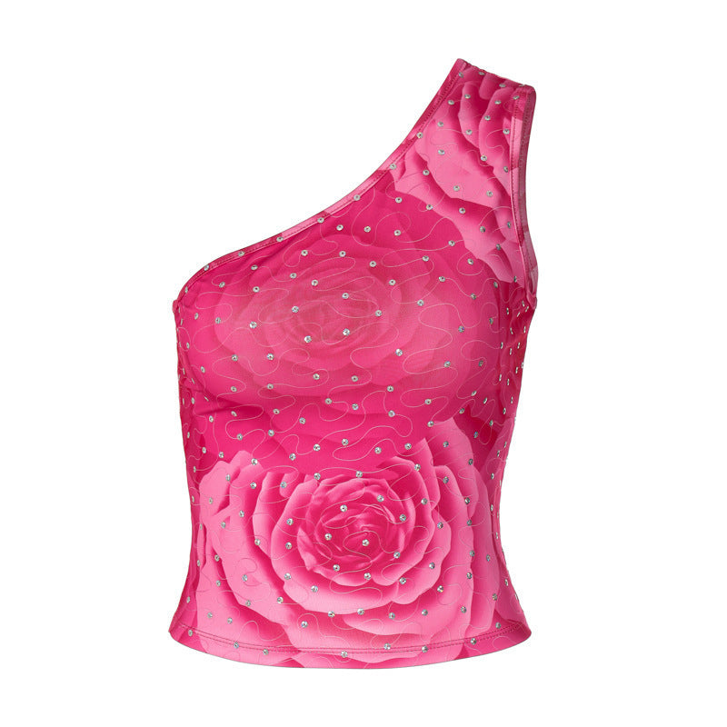 Kvinders asymmetrisk bustier med blomsterprint og rhinestones detaljer Skovae