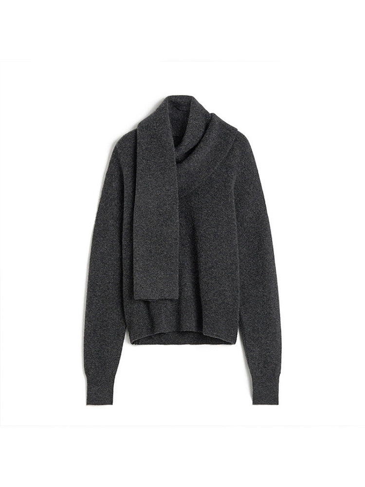 Dame elegant strikpullover med smart krave og integreret tørklæde Stilla