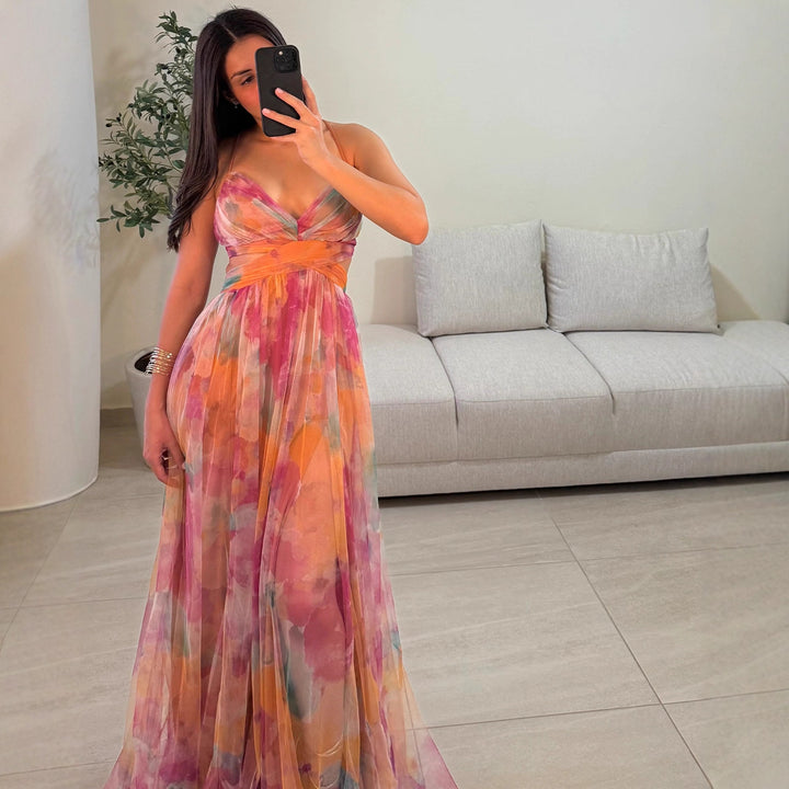 Dames maxi kjole med blomster chiffon design og elegant bælte