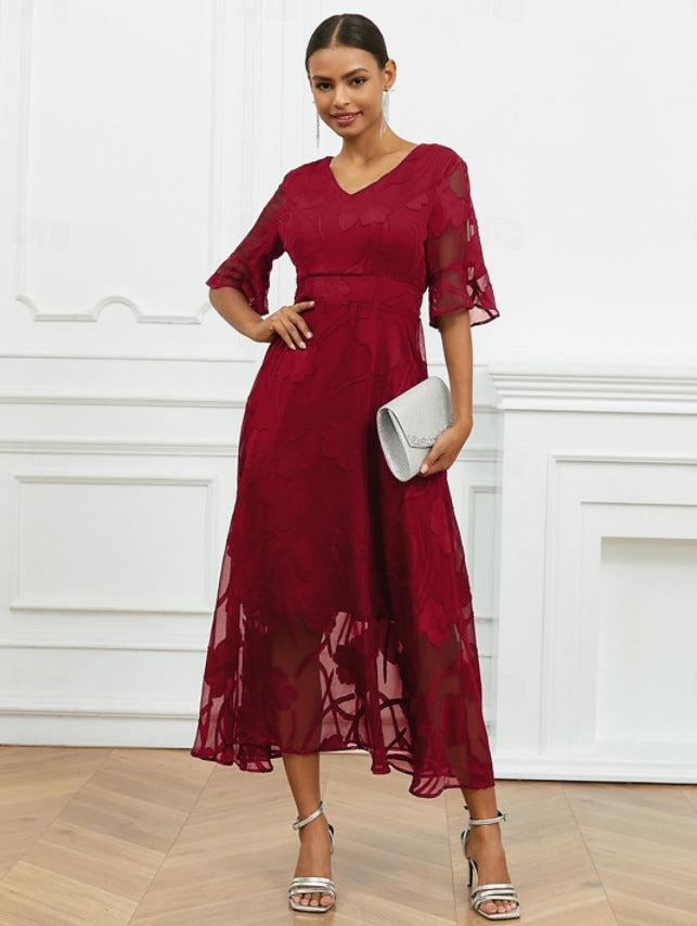 Dame elegant Midikjole med blomster Chiffon og V-udskæring Stilla