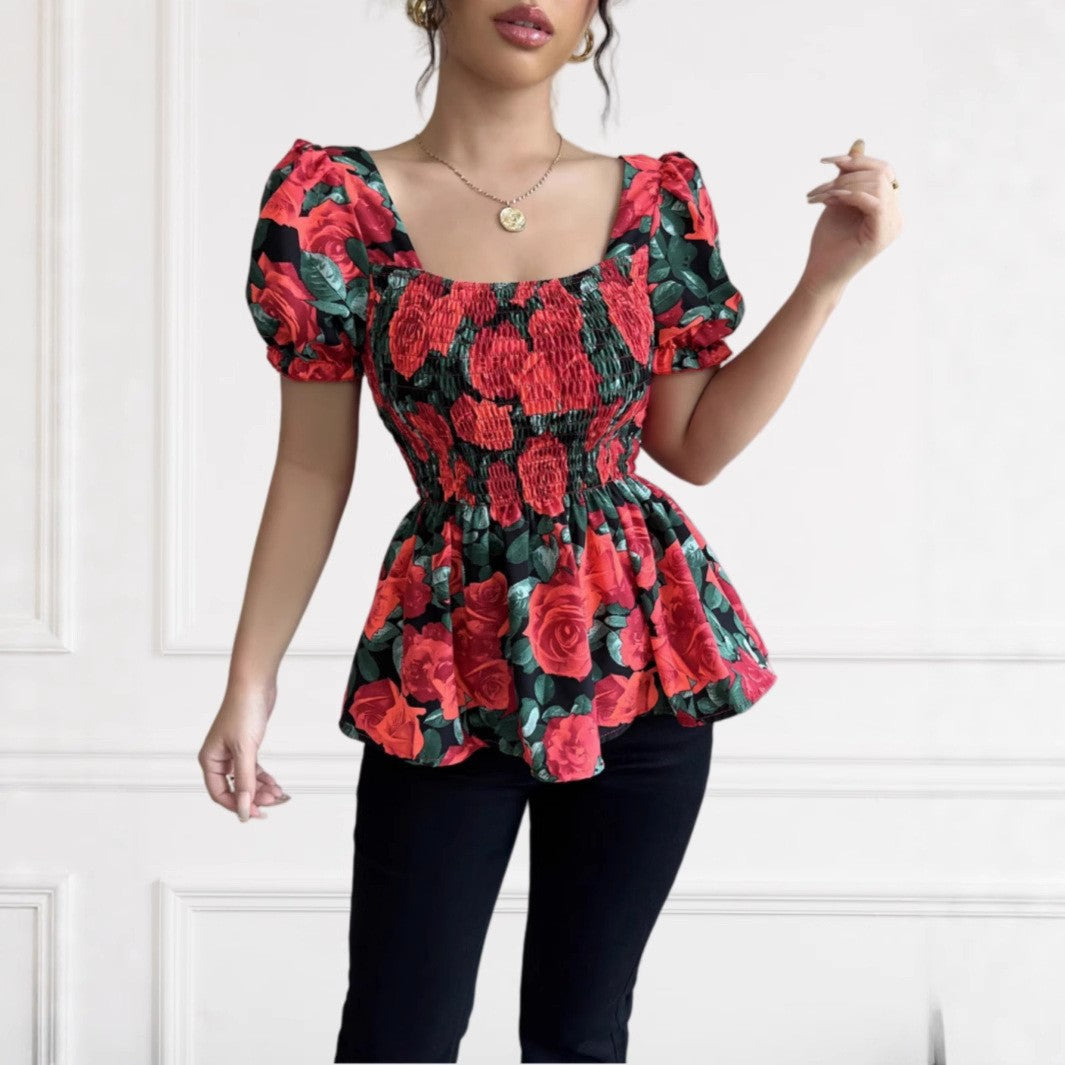 Dame Puffærme Floral Peplum Top Stilla