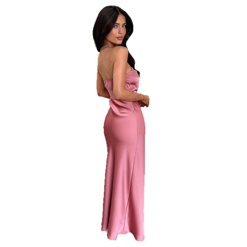 Dame Elegant Satin Maxikjole med figursyet snit Skovae