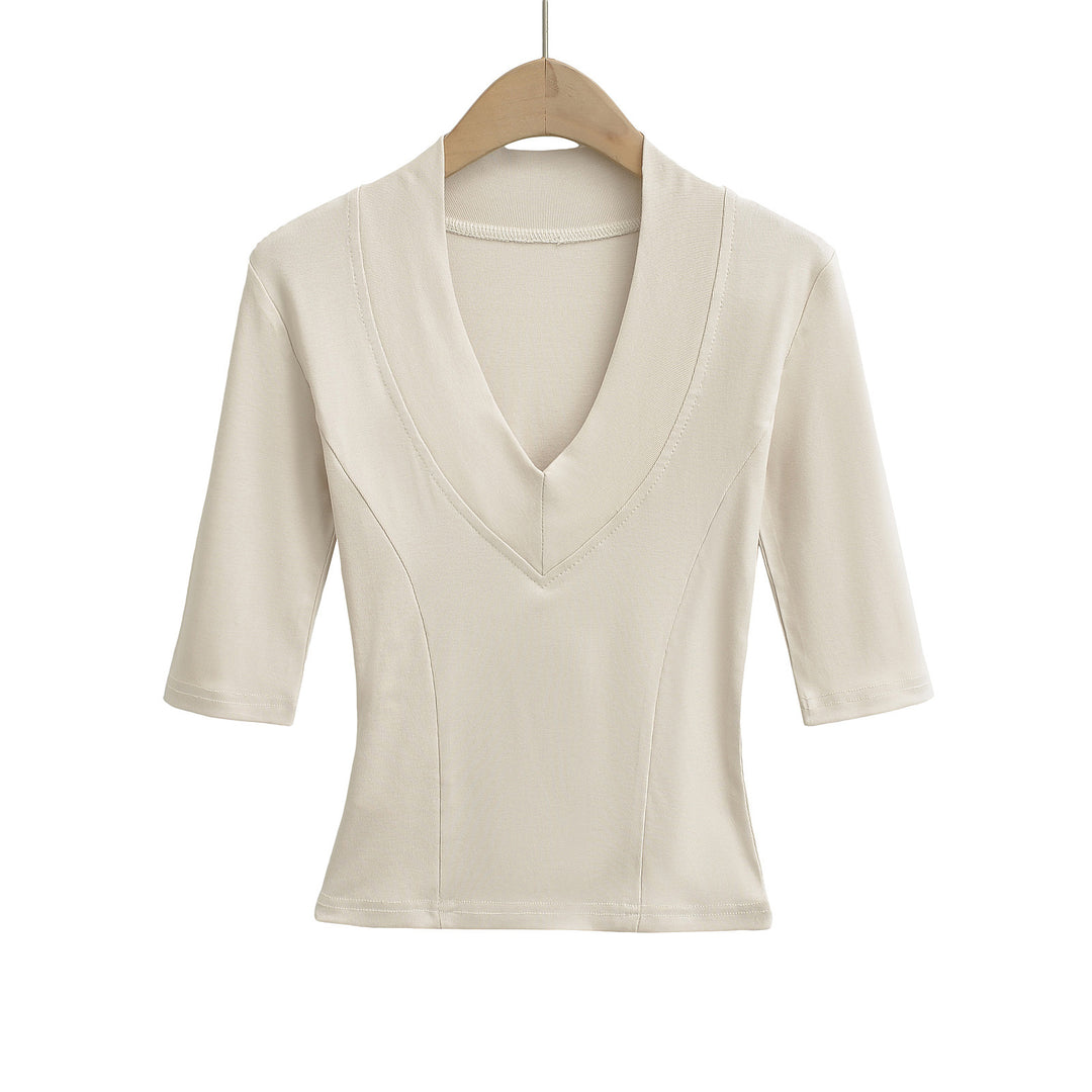 Dame elegant bluse med dyb V-hals og korte ærmer Stilla