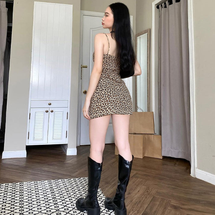 Dame Figurtilpasset Minikjole med Leopardsmønster og justerbare stropper Stilla