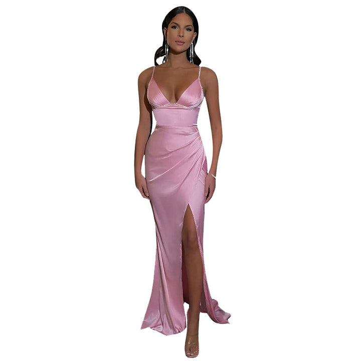 Dame Elegant Satin Maxi Kjole med smal pasform og forførende V-udskæring Skovae