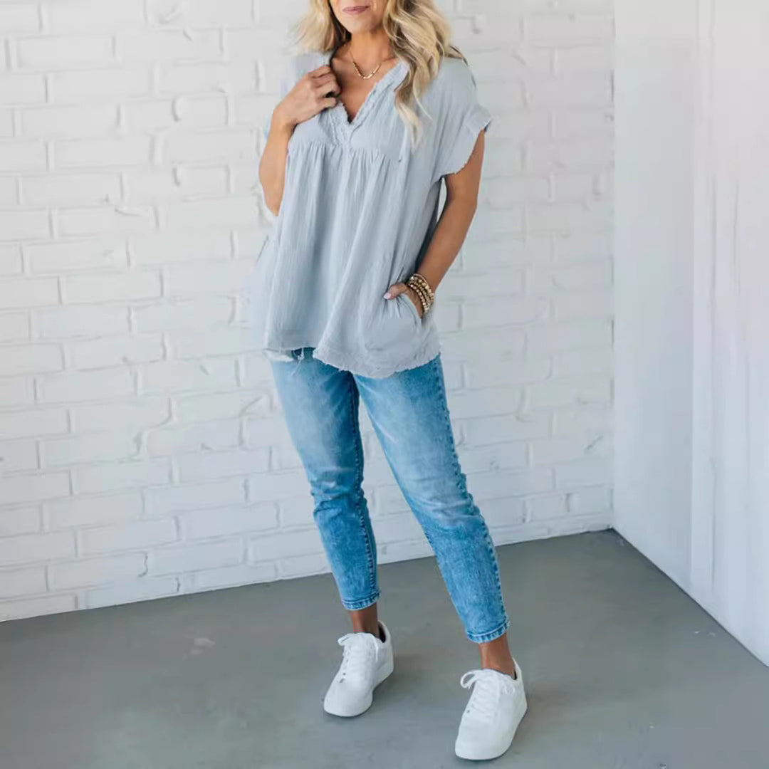 Dame luftig V-Udskæring Bluse T-shirt med dekorativt Fald Stilla