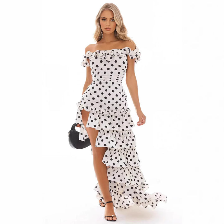 Dame Off-Shoulder Maxikjole med flæser og spændende slids Skovae